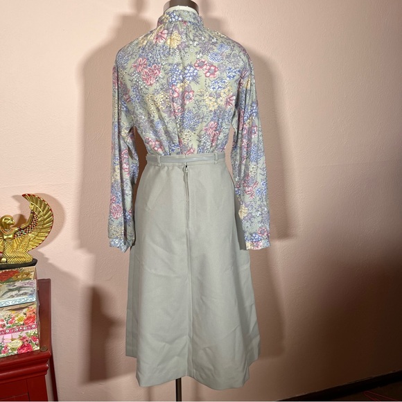 Vintage 70 80 Retro Victorian pastel floral Prairie Grey High waist Skirt set - Picture 7 of 17